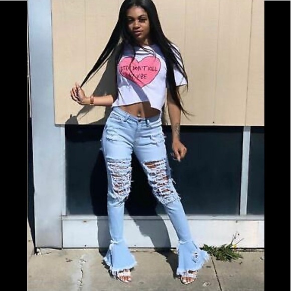 JCJQ Heavily Distressed Bell Bottom Jeans. - Picture 1 of 14